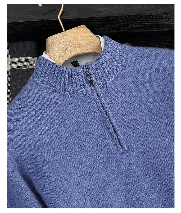 Autumn/Winter Men's 100% Cashmere Pullover Business Casual Solid Knitted Sweater Loose Half High Collar Zipper Tops Thick Jumper