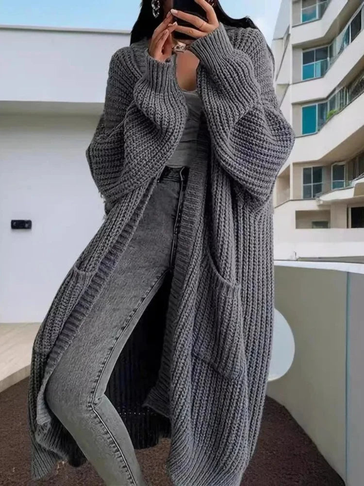 Autumn Winter Woman's Long Knitted Casual Coat Fashion Long Sleeves with Pocket Cardigan Sweater Ladies Comfort Warm Clothing