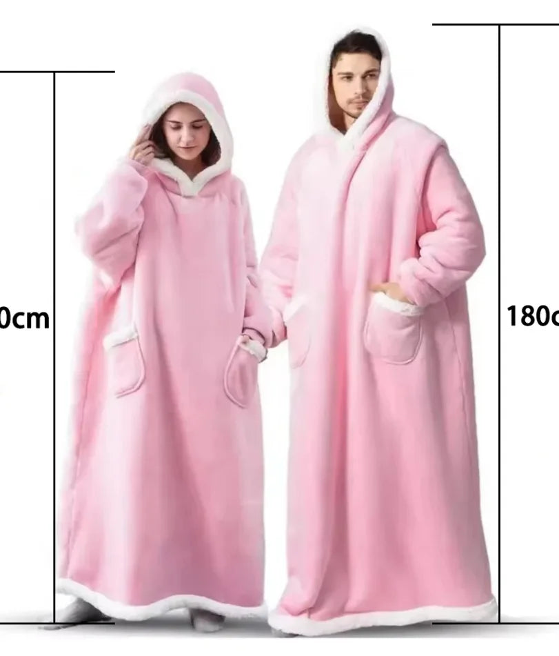 180cm Super Long Flannel Blanket Pyjamas with Sleeves Winter Hoodies Sweatshirt Women Men Pullover Fleece Giant Oversized Outdoo