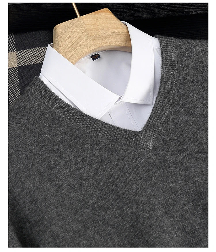 Autumn/Winter New Men's 100% Cashmere Pullover Business Casual Solid Knitted Sweater Loose V-neck Tops Basic Thick Warm Jumper