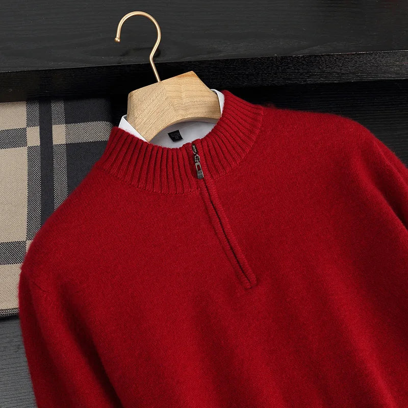 Autumn/Winter Men's 100% Cashmere Pullover Business Casual Solid Knitted Sweater Loose Half High Collar Zipper Tops Thick Jumper