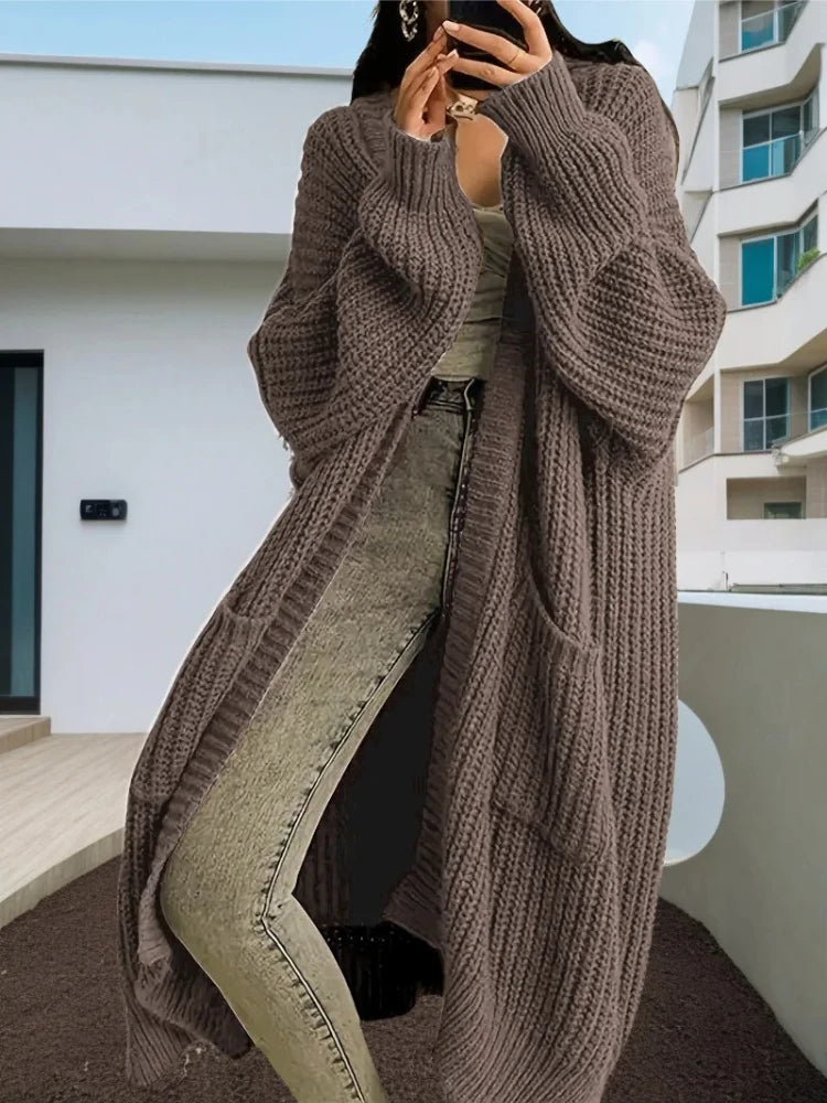 Autumn Winter Woman's Long Knitted Casual Coat Fashion Long Sleeves with Pocket Cardigan Sweater Ladies Comfort Warm Clothing