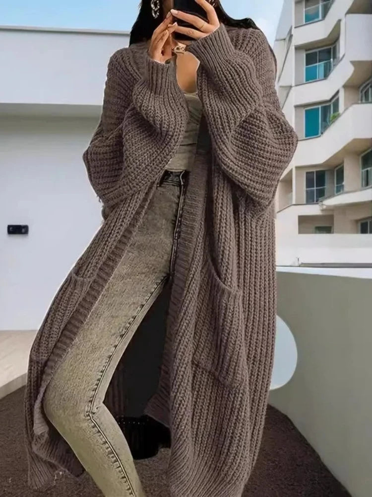 Autumn Winter Woman's Long Knitted Casual Coat Fashion Long Sleeves with Pocket Cardigan Sweater Ladies Comfort Warm Clothing