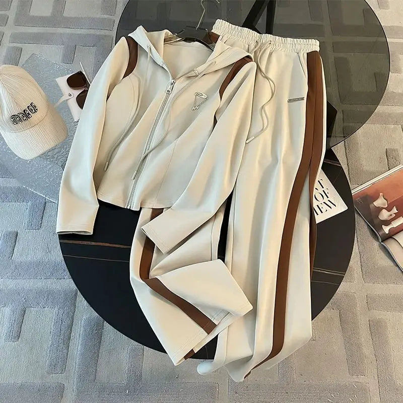Hooded Sweatshirts Spliced Women Pant Sets Wide Leg Pants Drawstring Trousers Patchwork Long Sleeve Hoodies Casual Loose