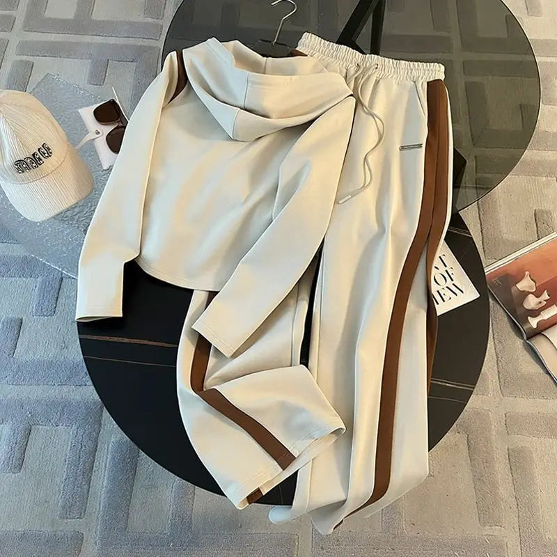 Hooded Sweatshirts Spliced Women Pant Sets Wide Leg Pants Drawstring Trousers Patchwork Long Sleeve Hoodies Casual Loose