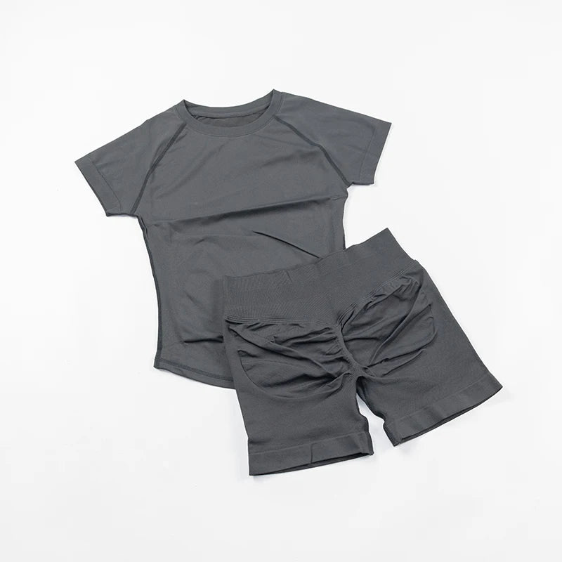 2 Pieces  Sports Set Women Short Sleeve Top Seamless Scrunch Bum Joggers Suit Training Pants Suits Gym Fitness Sets