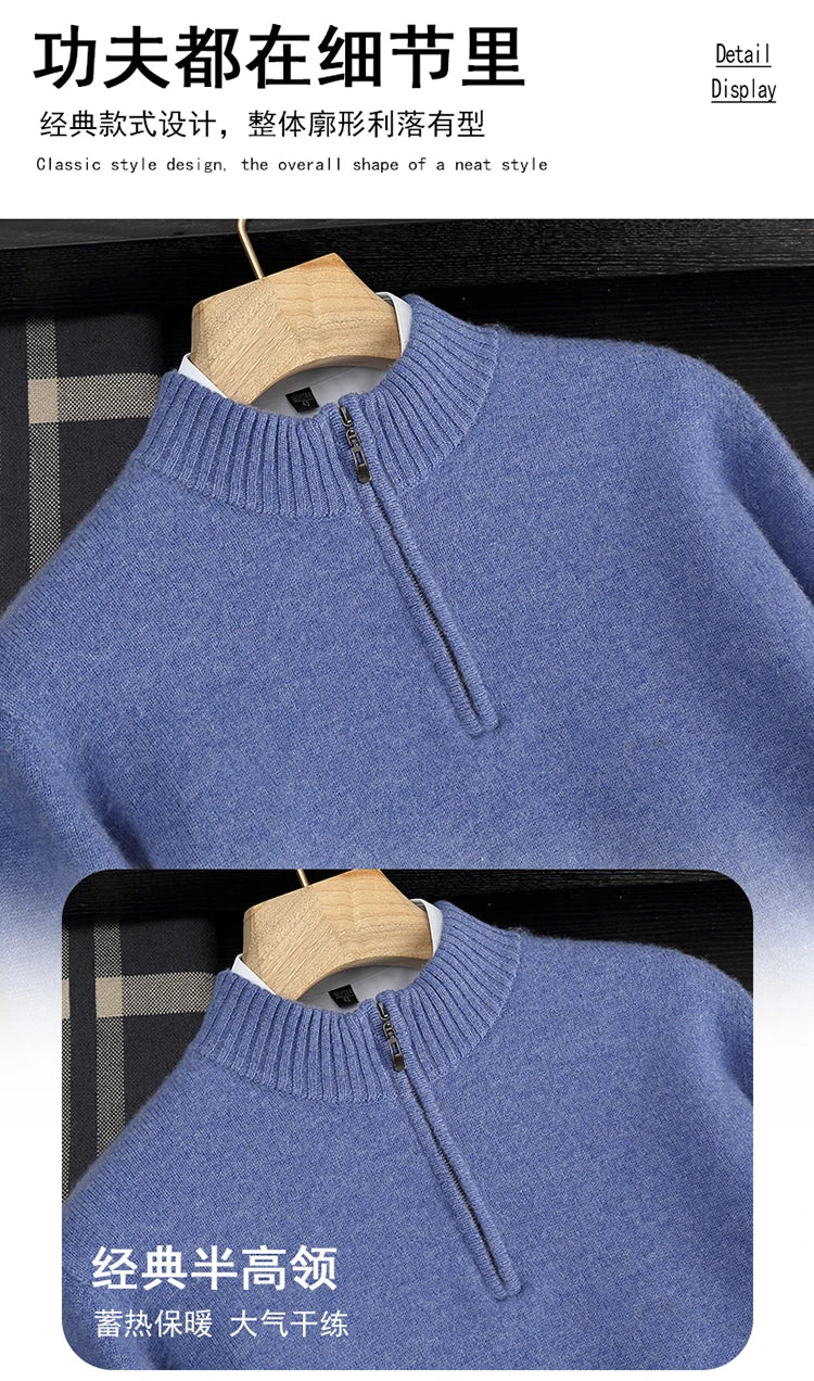 Autumn/Winter Men's 100% Cashmere Pullover Business Casual Solid Knitted Sweater Loose Half High Collar Zipper Tops Thick Jumper