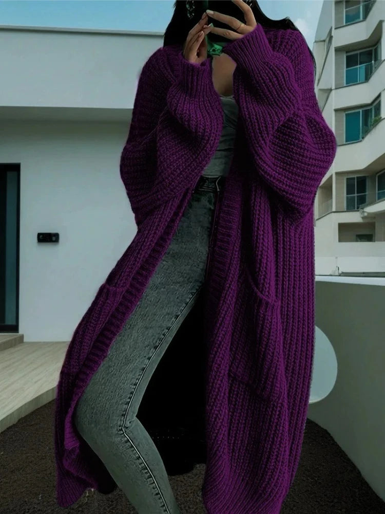 Autumn Winter Woman's Long Knitted Casual Coat Fashion Long Sleeves with Pocket Cardigan Sweater Ladies Comfort Warm Clothing