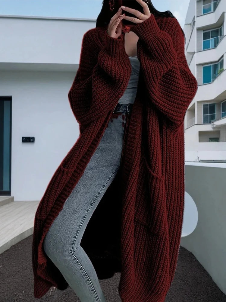 Autumn Winter Woman's Long Knitted Casual Coat Fashion Long Sleeves with Pocket Cardigan Sweater Ladies Comfort Warm Clothing
