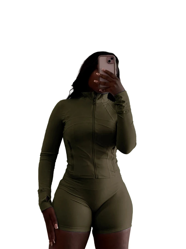 Sexy Two 2 Piece Sets Women Clothing Activewear Loungewear Gym Fitness Sets Zip up Jacket and Shorts Set Tracksuit Outfits