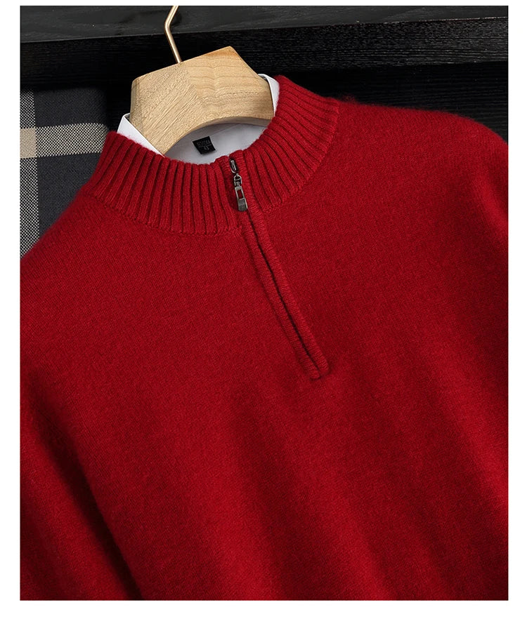 Autumn/Winter Men's 100% Cashmere Pullover Business Casual Solid Knitted Sweater Loose Half High Collar Zipper Tops Thick Jumper