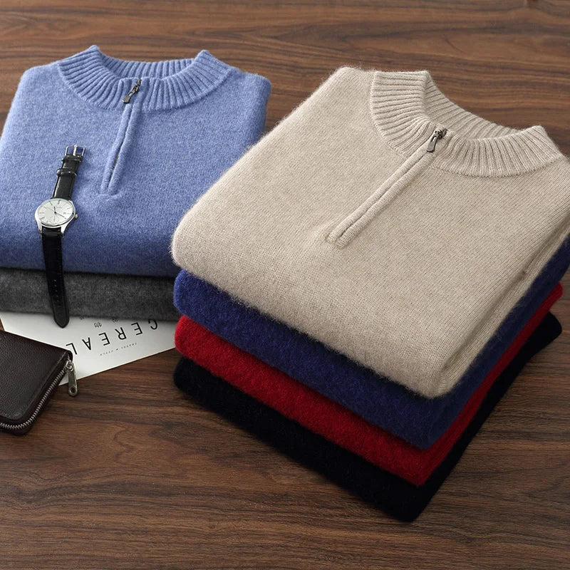 Autumn/Winter Men's 100% Cashmere Pullover Business Casual Solid Knitted Sweater Loose Half High Collar Zipper Tops Thick Jumper