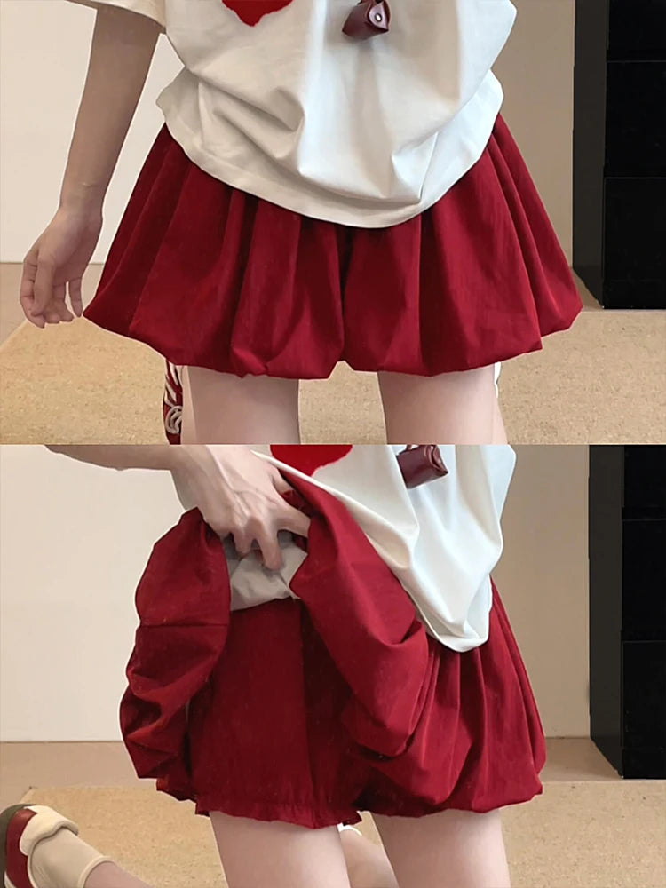 Red Petal Hem Bloom Skirt Women Summer Lightweight High Waist Flattering Fit Anti-Slip Lining Petite A-Line Mini Flowy Skirt