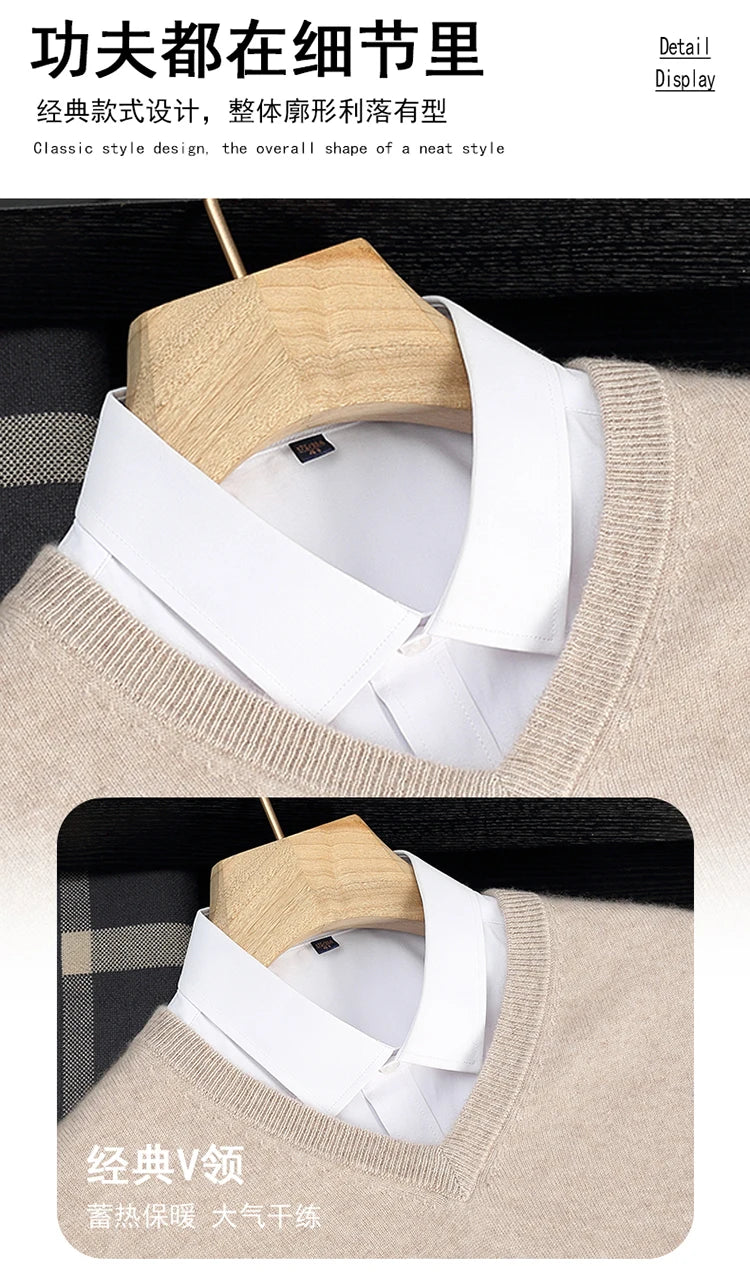 Autumn/Winter New Men's 100% Cashmere Pullover Business Casual Solid Knitted Sweater Loose V-neck Tops Basic Thick Warm Jumper