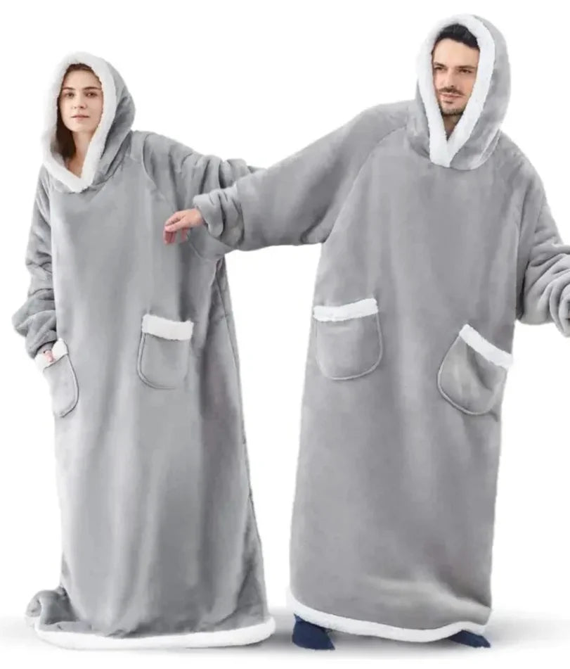180cm Super Long Flannel Blanket Pyjamas with Sleeves Winter Hoodies Sweatshirt Women Men Pullover Fleece Giant Oversized Outdoo