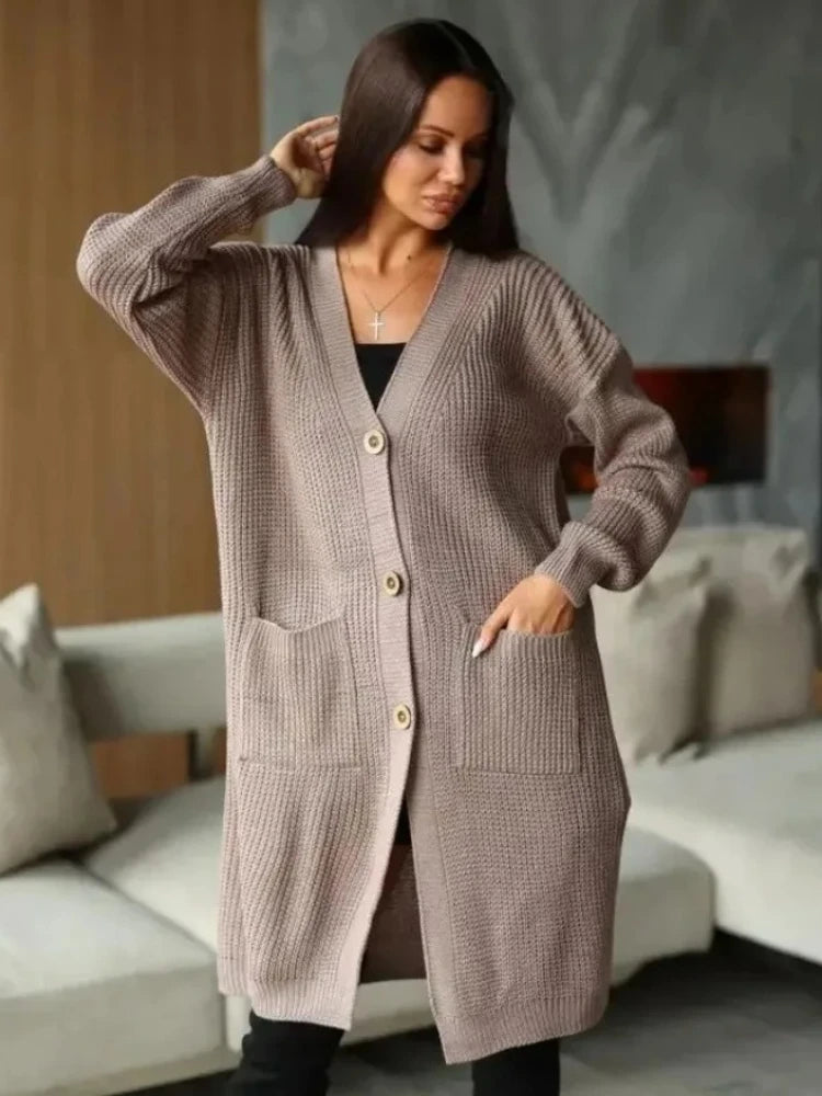 Autumn Winter Woman's Long Knitted Casual Coat Fashion Long Sleeves with Pocket Cardigan Sweater Ladies Comfort Warm Clothing