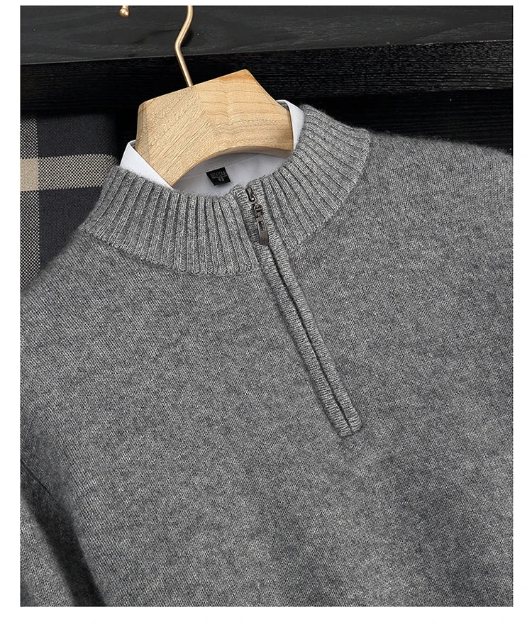 Autumn/Winter Men's 100% Cashmere Pullover Business Casual Solid Knitted Sweater Loose Half High Collar Zipper Tops Thick Jumper