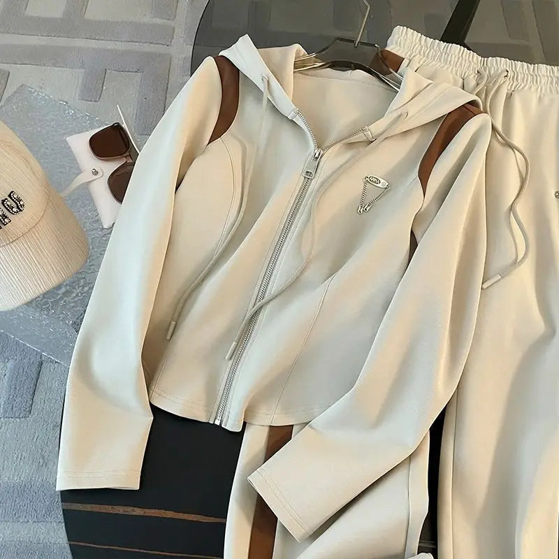 Hooded Sweatshirts Spliced Women Pant Sets Wide Leg Pants Drawstring Trousers Patchwork Long Sleeve Hoodies Casual Loose