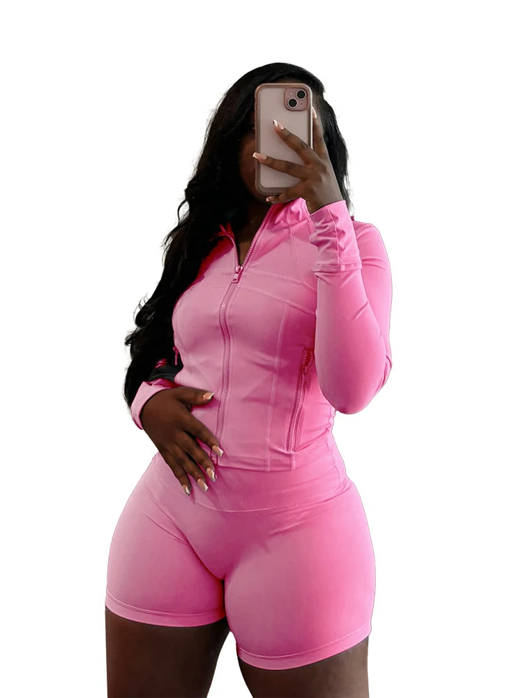 Sexy Two 2 Piece Sets Women Clothing Activewear Loungewear Gym Fitness Sets Zip up Jacket and Shorts Set Tracksuit Outfits
