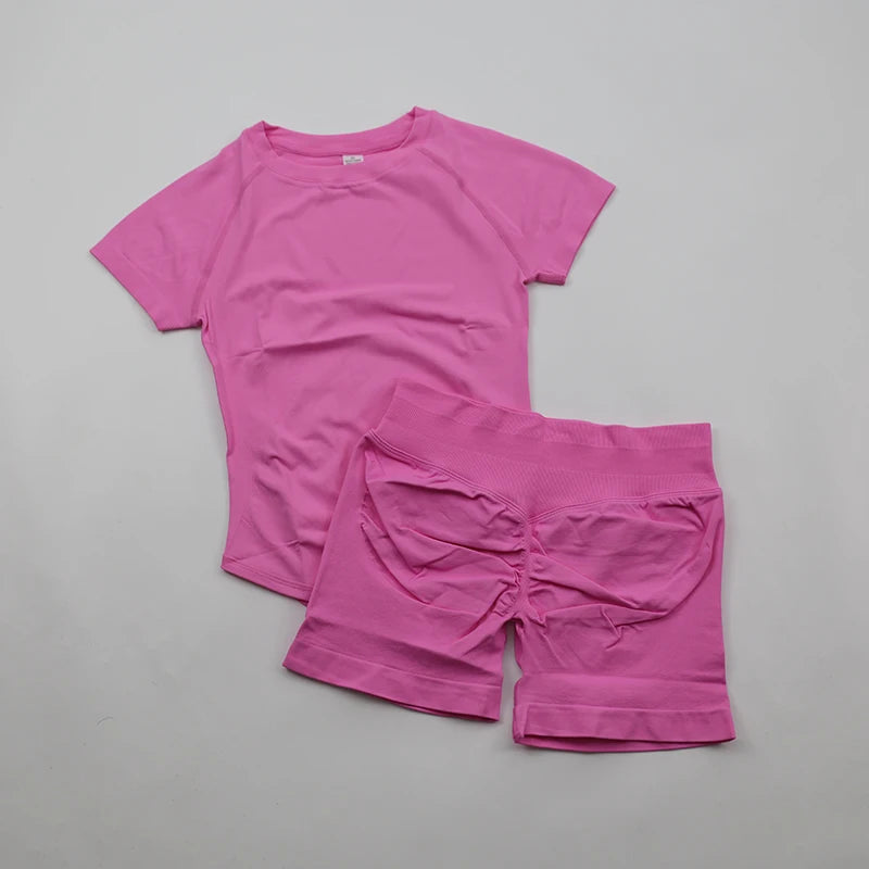 2 Pieces  Sports Set Women Short Sleeve Top Seamless Scrunch Bum Joggers Suit Training Pants Suits Gym Fitness Sets