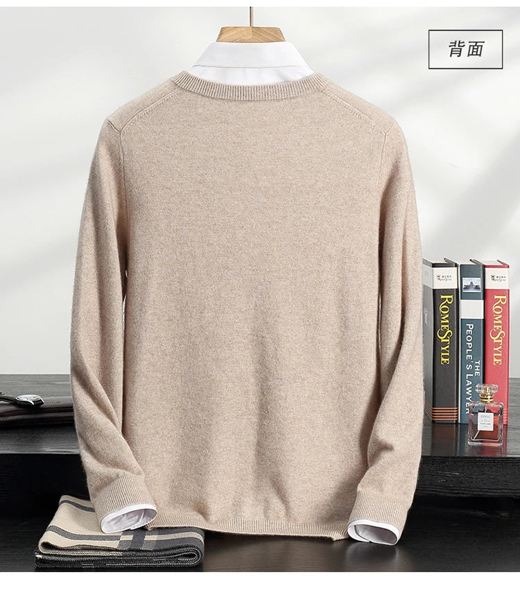 Autumn/Winter New Men's 100% Cashmere Pullover Business Casual Solid Knitted Sweater Loose V-neck Tops Basic Thick Warm Jumper