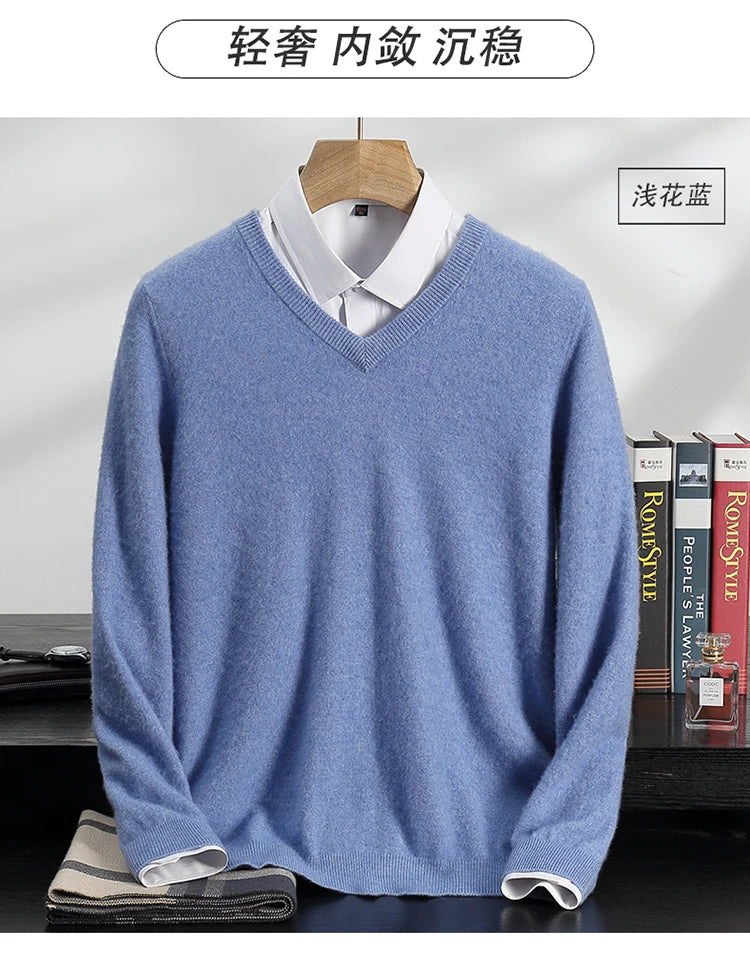 Autumn/Winter New Men's 100% Cashmere Pullover Business Casual Solid Knitted Sweater Loose V-neck Tops Basic Thick Warm Jumper