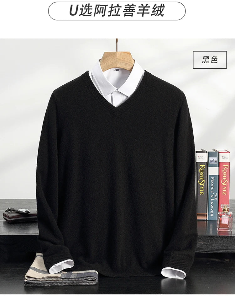 Autumn/Winter New Men's 100% Cashmere Pullover Business Casual Solid Knitted Sweater Loose V-neck Tops Basic Thick Warm Jumper