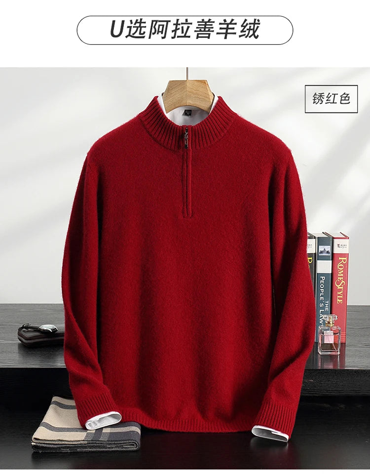 Autumn/Winter Men's 100% Cashmere Pullover Business Casual Solid Knitted Sweater Loose Half High Collar Zipper Tops Thick Jumper