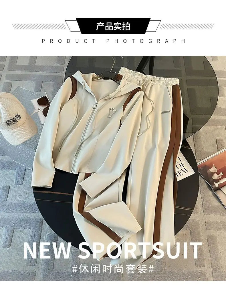 Hooded Sweatshirts Spliced Women Pant Sets Wide Leg Pants Drawstring Trousers Patchwork Long Sleeve Hoodies Casual Loose