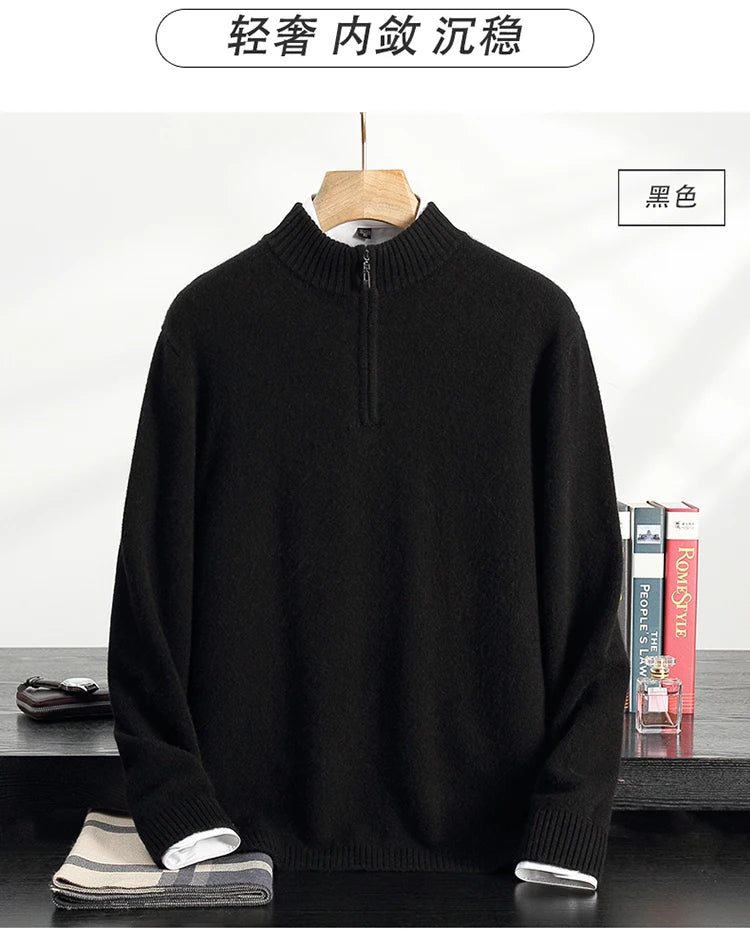 Autumn/Winter Men's 100% Cashmere Pullover Business Casual Solid Knitted Sweater Loose Half High Collar Zipper Tops Thick Jumper