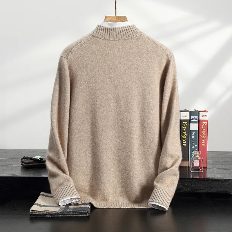 Autumn/Winter Men's 100% Cashmere Pullover Business Casual Solid Knitted Sweater Loose Half High Collar Zipper Tops Thick Jumper