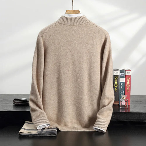 Autumn/Winter Men's 100% Cashmere Pullover Business Casual Solid Knitted Sweater Loose Half High Collar Zipper Tops Thick Jumper