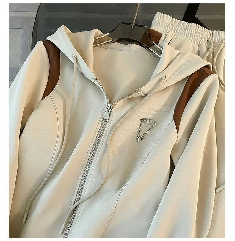 Hooded Sweatshirts Spliced Women Pant Sets Wide Leg Pants Drawstring Trousers Patchwork Long Sleeve Hoodies Casual Loose