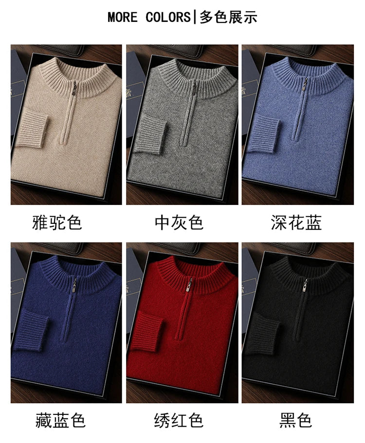 Autumn/Winter Men's 100% Cashmere Pullover Business Casual Solid Knitted Sweater Loose Half High Collar Zipper Tops Thick Jumper