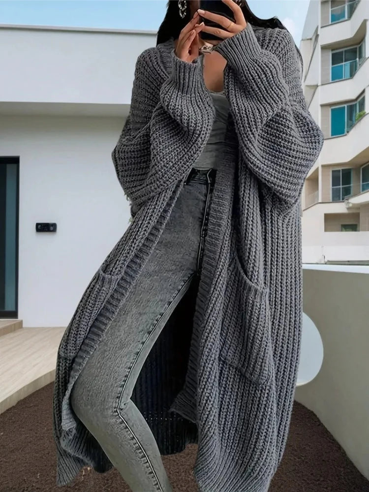 Autumn Winter Woman's Long Knitted Casual Coat Fashion Long Sleeves with Pocket Cardigan Sweater Ladies Comfort Warm Clothing