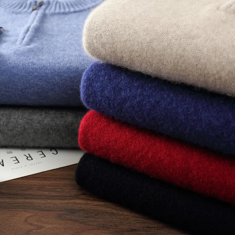 Autumn/Winter Men's 100% Cashmere Pullover Business Casual Solid Knitted Sweater Loose Half High Collar Zipper Tops Thick Jumper