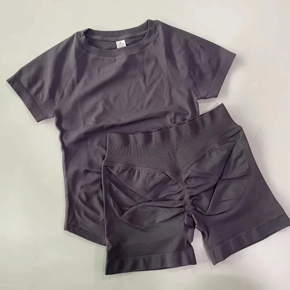 2 Pieces  Sports Set Women Short Sleeve Top Seamless Scrunch Bum Joggers Suit Training Pants Suits Gym Fitness Sets