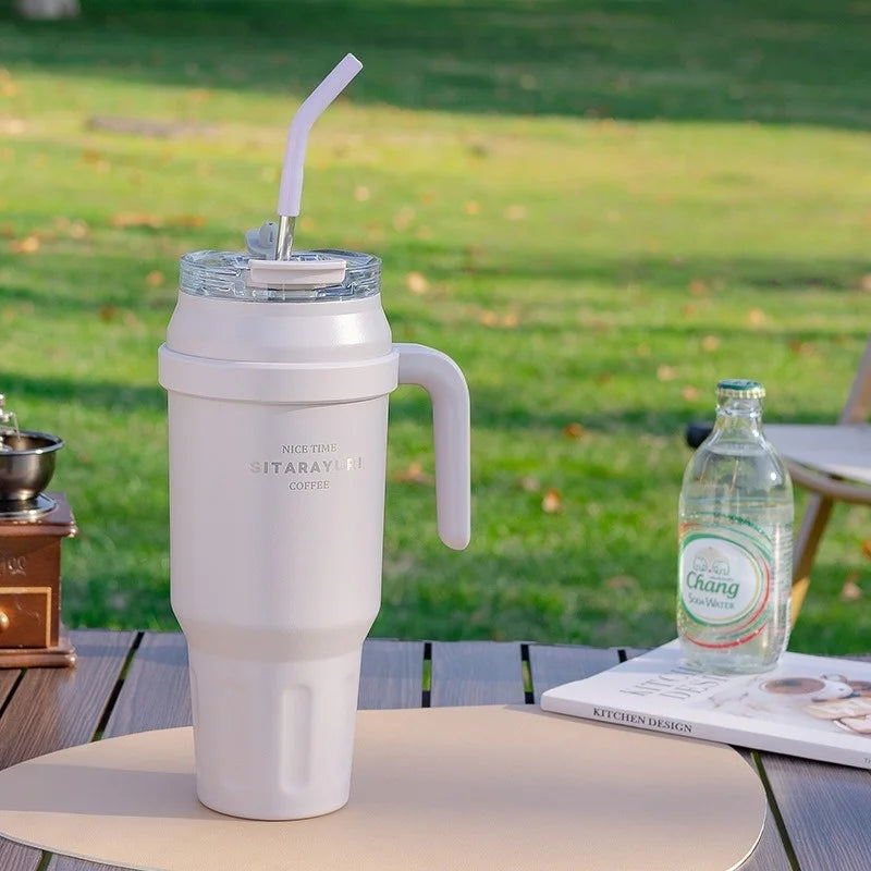 SITARAYURI 50OZ Insulation Cup Large Capacity Stainless Steel Thermos Bottle with Handle ＆ Straw Ice Tumbler Car Cup Travel