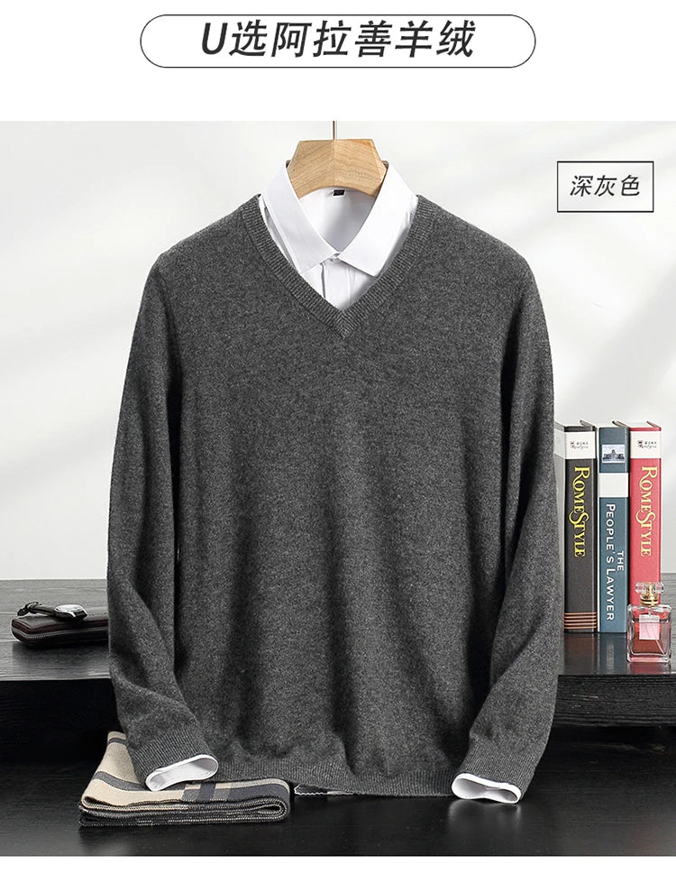 Autumn/Winter New Men's 100% Cashmere Pullover Business Casual Solid Knitted Sweater Loose V-neck Tops Basic Thick Warm Jumper