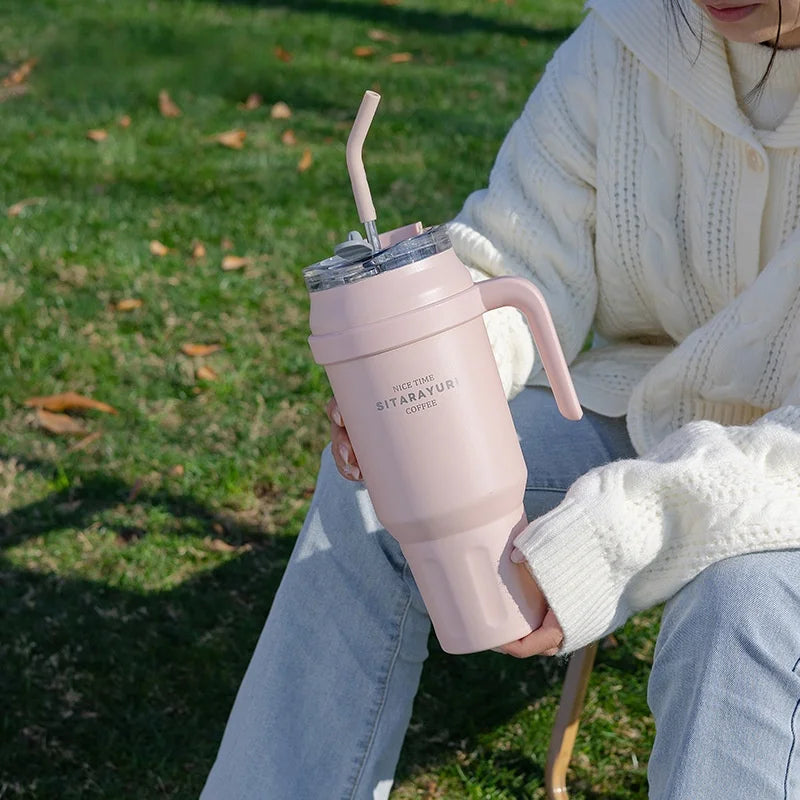SITARAYURI 50OZ Insulation Cup Large Capacity Stainless Steel Thermos Bottle with Handle ＆ Straw Ice Tumbler Car Cup Travel