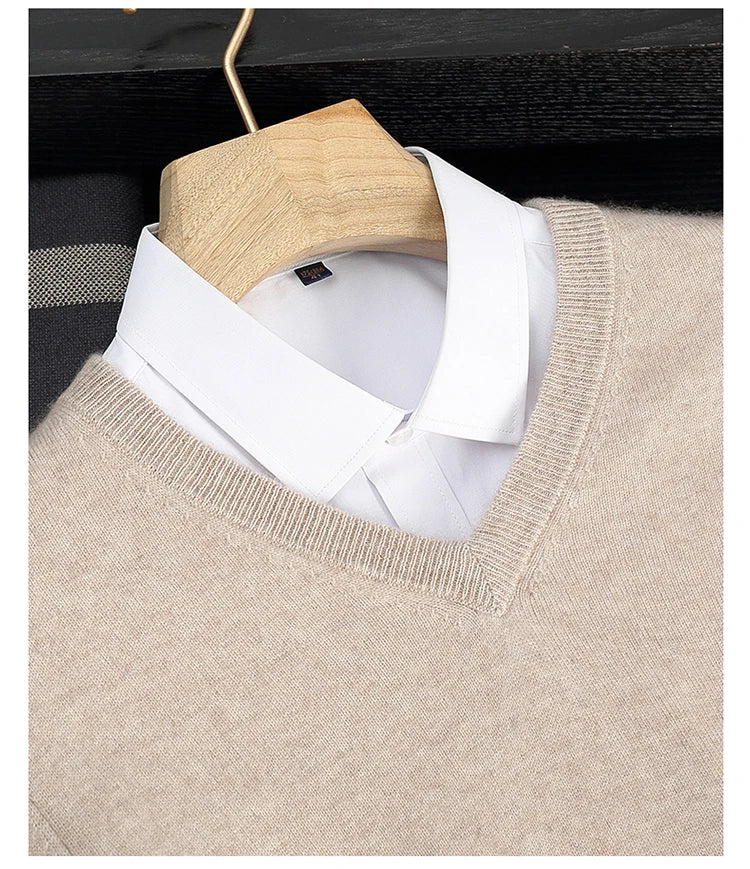 Autumn/Winter New Men's 100% Cashmere Pullover Business Casual Solid Knitted Sweater Loose V-neck Tops Basic Thick Warm Jumper