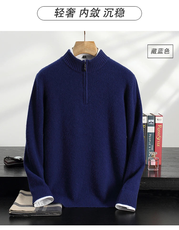 Autumn/Winter Men's 100% Cashmere Pullover Business Casual Solid Knitted Sweater Loose Half High Collar Zipper Tops Thick Jumper
