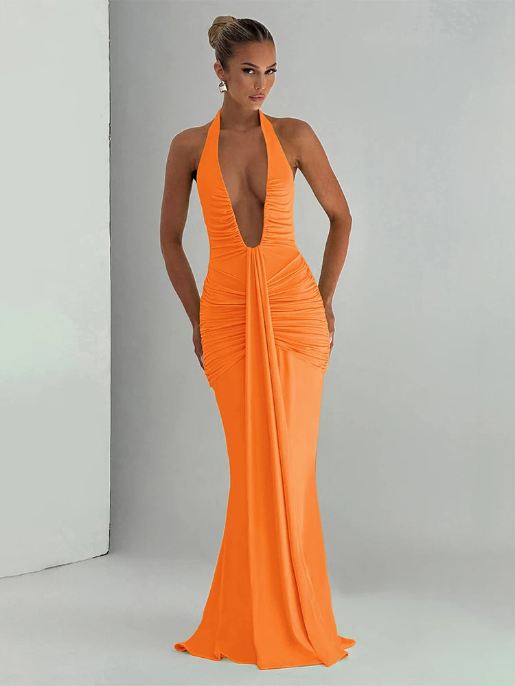 kliou Shirring Halter Women Maxi Dress Classic Solid Low Neck Backless Ribbons Sheath Long Robe Female Simple Elegant Vestidos