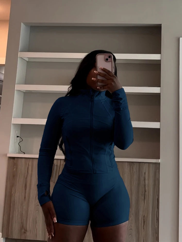 Sexy Two 2 Piece Sets Women Clothing Activewear Loungewear Gym Fitness Sets Zip up Jacket and Shorts Set Tracksuit Outfits