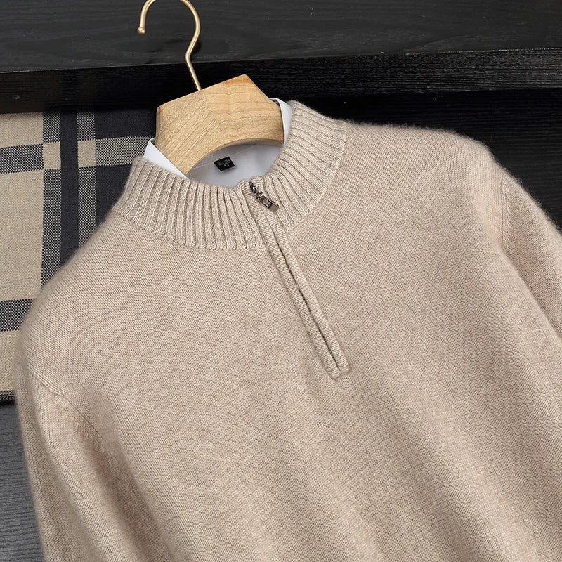Autumn/Winter Men's 100% Cashmere Pullover Business Casual Solid Knitted Sweater Loose Half High Collar Zipper Tops Thick Jumper
