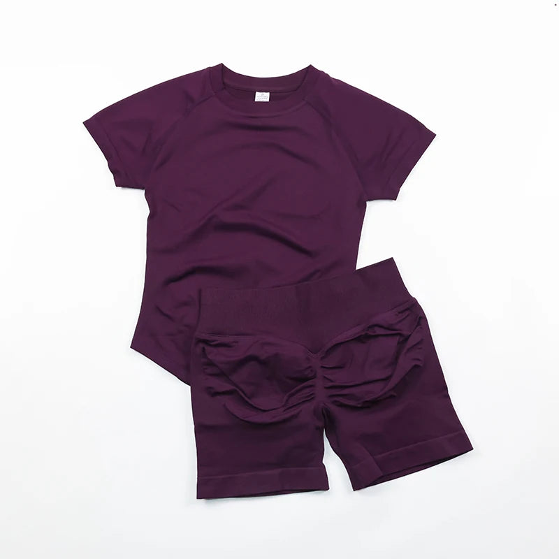2 Pieces  Sports Set Women Short Sleeve Top Seamless Scrunch Bum Joggers Suit Training Pants Suits Gym Fitness Sets