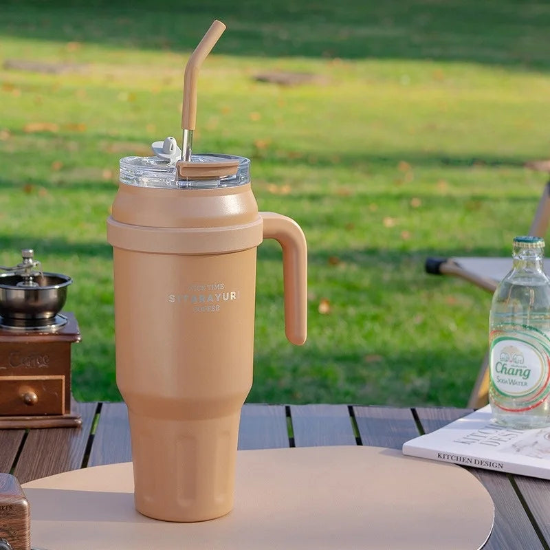 SITARAYURI 50OZ Insulation Cup Large Capacity Stainless Steel Thermos Bottle with Handle ＆ Straw Ice Tumbler Car Cup Travel
