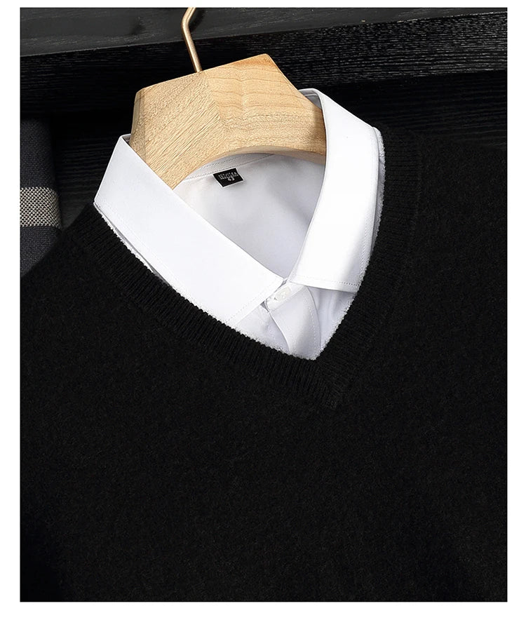 Autumn/Winter New Men's 100% Cashmere Pullover Business Casual Solid Knitted Sweater Loose V-neck Tops Basic Thick Warm Jumper