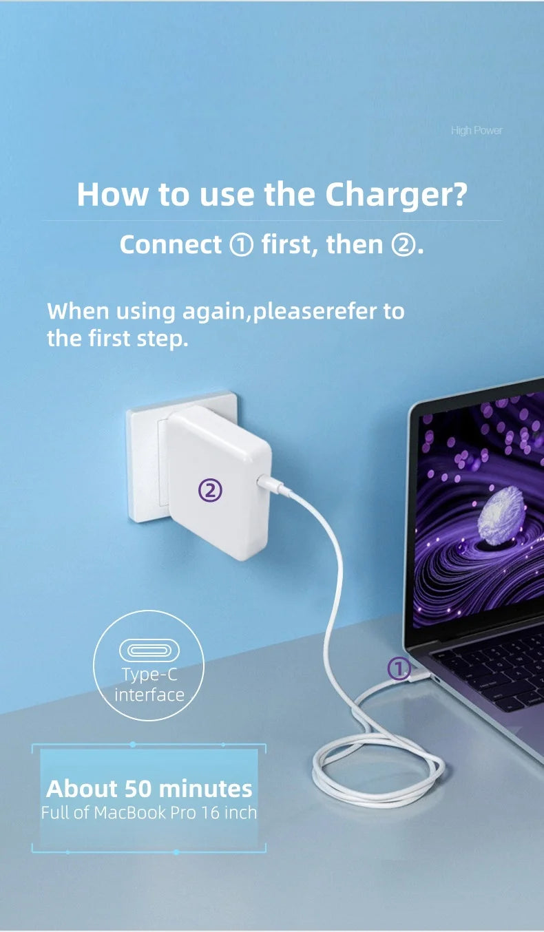 96W MacBook Charger Laptop USB-C Power Adapter For Macbook Pro M1 M2 MacBook Air A2337 A1706 Power Supply Adapter Fast Charger