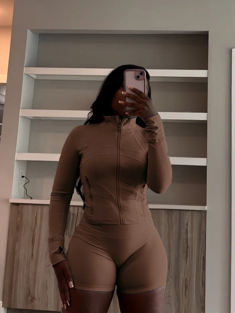 Sexy Two 2 Piece Sets Women Clothing Activewear Loungewear Gym Fitness Sets Zip up Jacket and Shorts Set Tracksuit Outfits